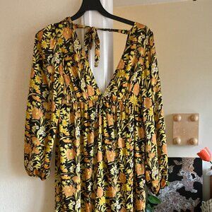 Satin Yellow Floral Midi Dress - Long Sleeve Open Back | Sz 12
